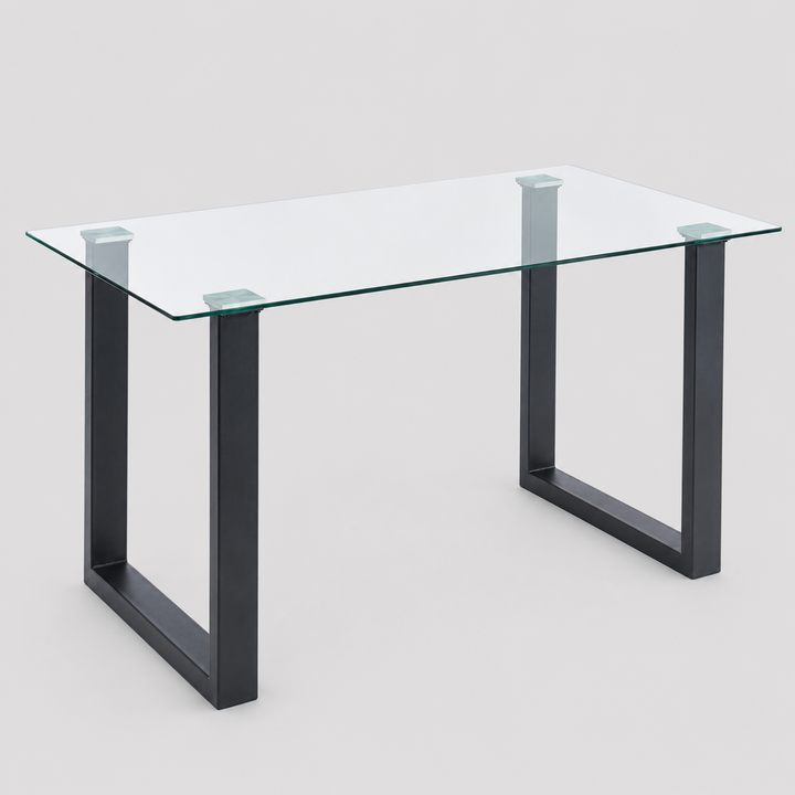 Alvara Contemporary Glass Dining Table – Rectangular 8mm Tempered Glass Top with Black Metal Legs and Brushed Stainless Steel Holders Compact Modern Dining Table