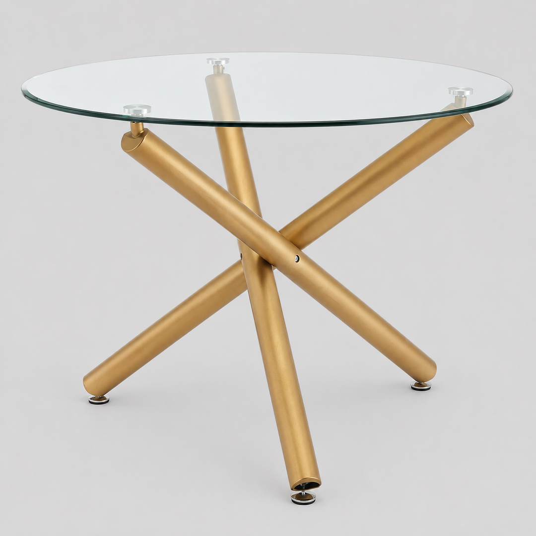 Bravion Contemporary Round Dining Table – 40" Clear Tempered Glass Top with Brushed Stainless Steel Accent, Aged Gold Crossover Metal Base and Modern Design Dining Table