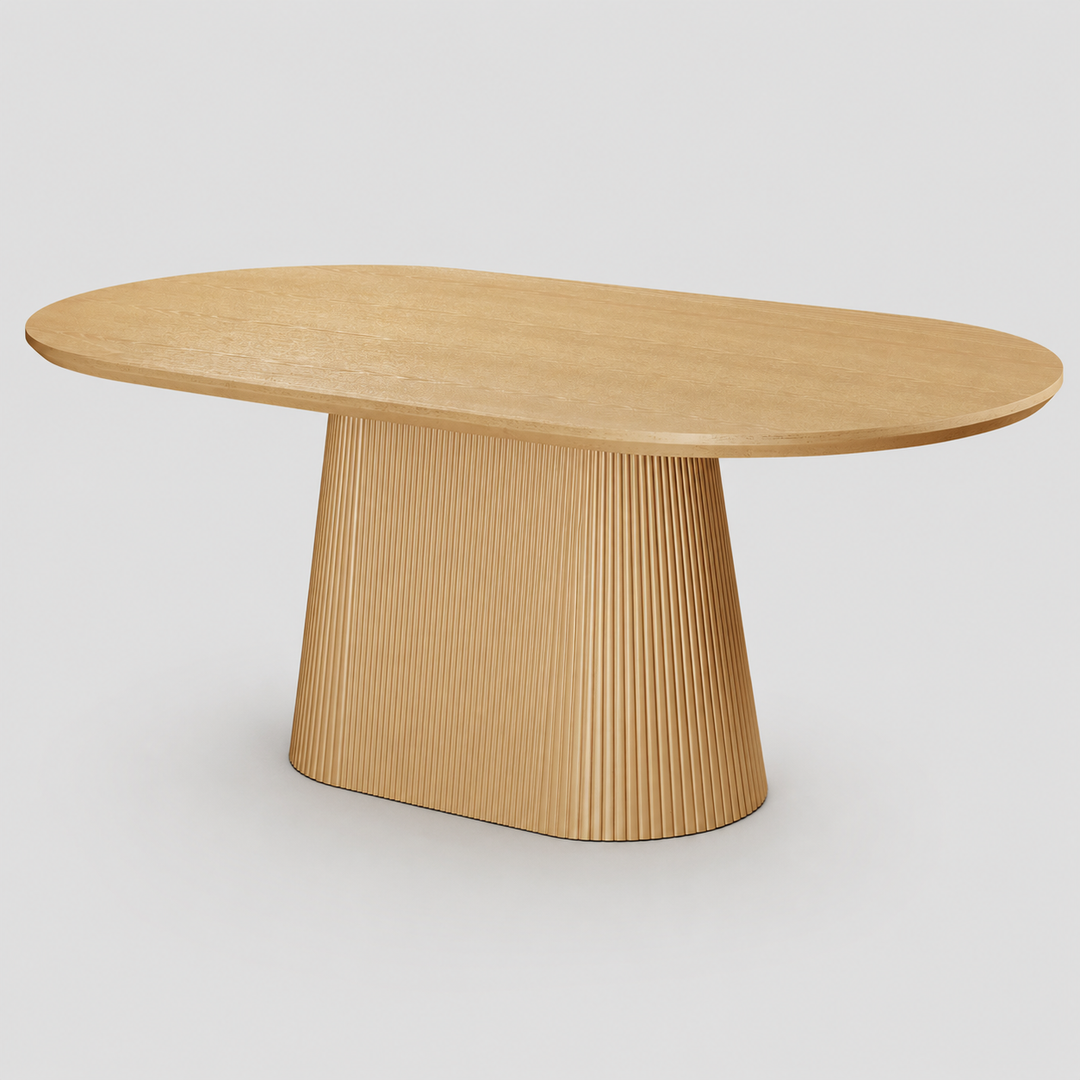 Bravion Mid-Century Modern Oval Dining Table – Engineered Wood Oak Veneer Top with Wide Reeded Pedestal Base and Reverse Bevel Wood Grain Finish Dining Table