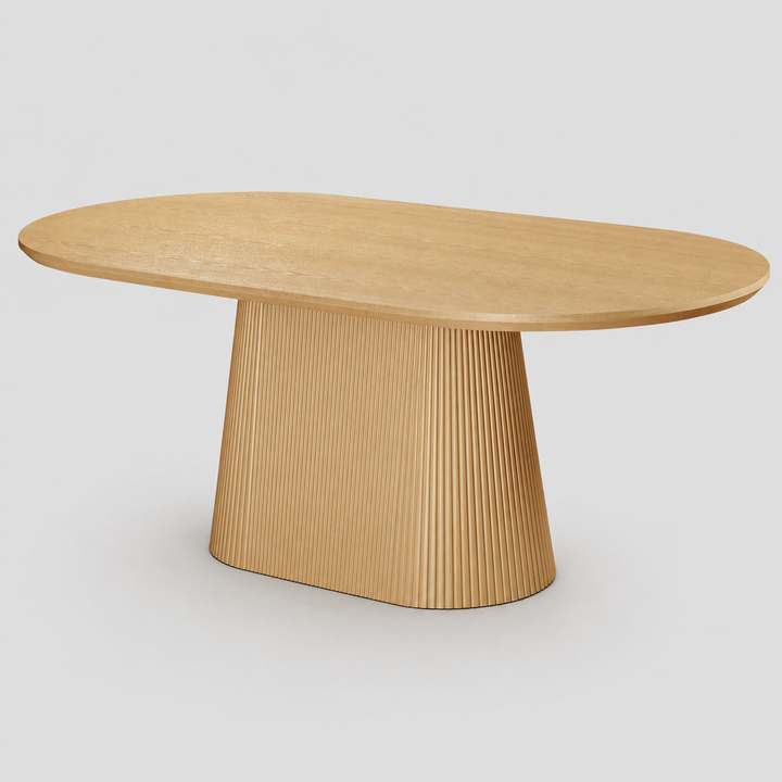 Bravion Mid-Century Modern Oval Dining Table – Engineered Wood Oak Veneer Top with Wide Reeded Pedestal Base and Reverse Bevel Wood Grain Finish Dining Table