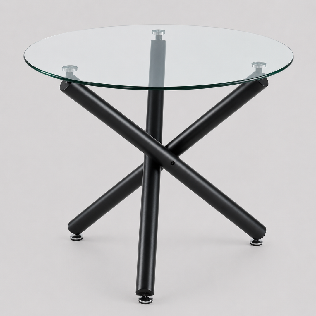 Sorran Contemporary Round Dining Table – Clear Tempered Glass Top with Brushed Stainless Steel Accent, Matte Black Crossover Metal Base and Modern Design Dining Table