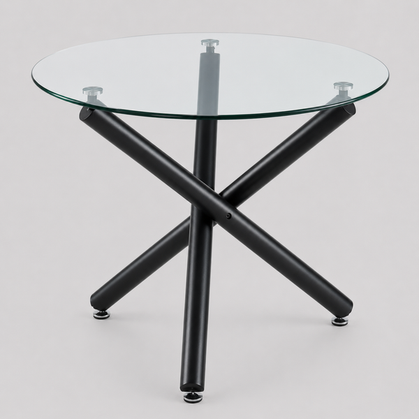 Sorran Contemporary Round Dining Table – Clear Tempered Glass Top with Brushed Stainless Steel Accent, Matte Black Crossover Metal Base and Modern Design Dining Table