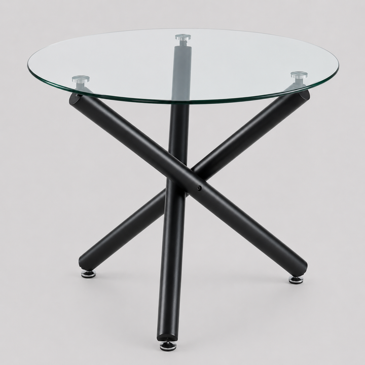 Sorran Contemporary Round Dining Table – Clear Tempered Glass Top with Brushed Stainless Steel Accent, Matte Black Crossover Metal Base and Modern Design Dining Table