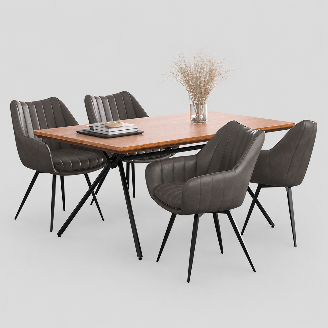 Orvyn Modern Dining Table – 63" Solid Engineered Wood Table with 2" Thick Laminated Veneer Natural Wood Grain Top, Black Metal X-Leg Base and Industrial Contemporary Design