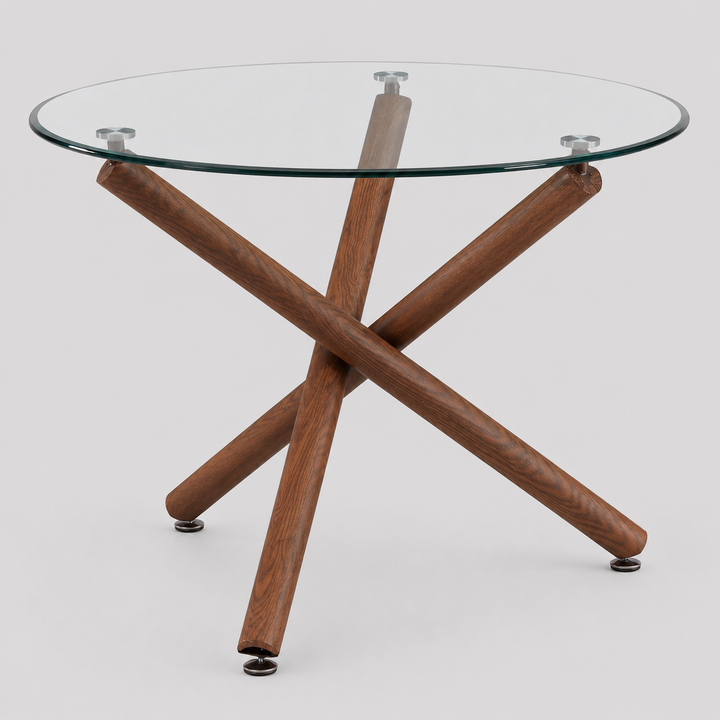 Calvion Contemporary Round Dining Table – 40" Clear Tempered Glass Top with Walnut Finish Metal Crossover Base, Brushed Stainless Steel Accent and Modern Design Dining Table