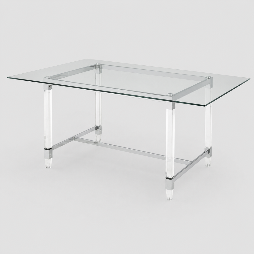Velora Luxury Glass Dining Table with Chrome Frame & Acrylic Legs | Modern Contemporary Spacious Design