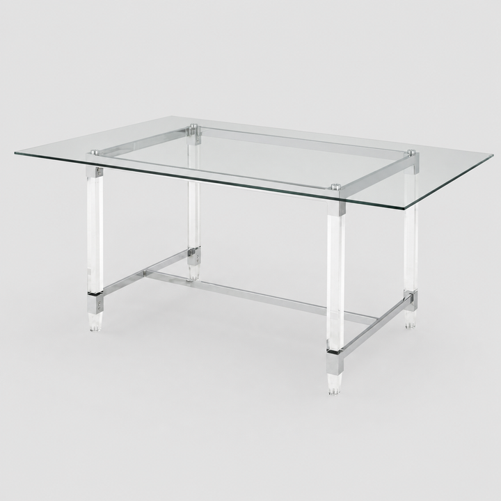 Velora Luxury Glass Dining Table with Chrome Frame & Acrylic Legs | Modern Contemporary Spacious Design