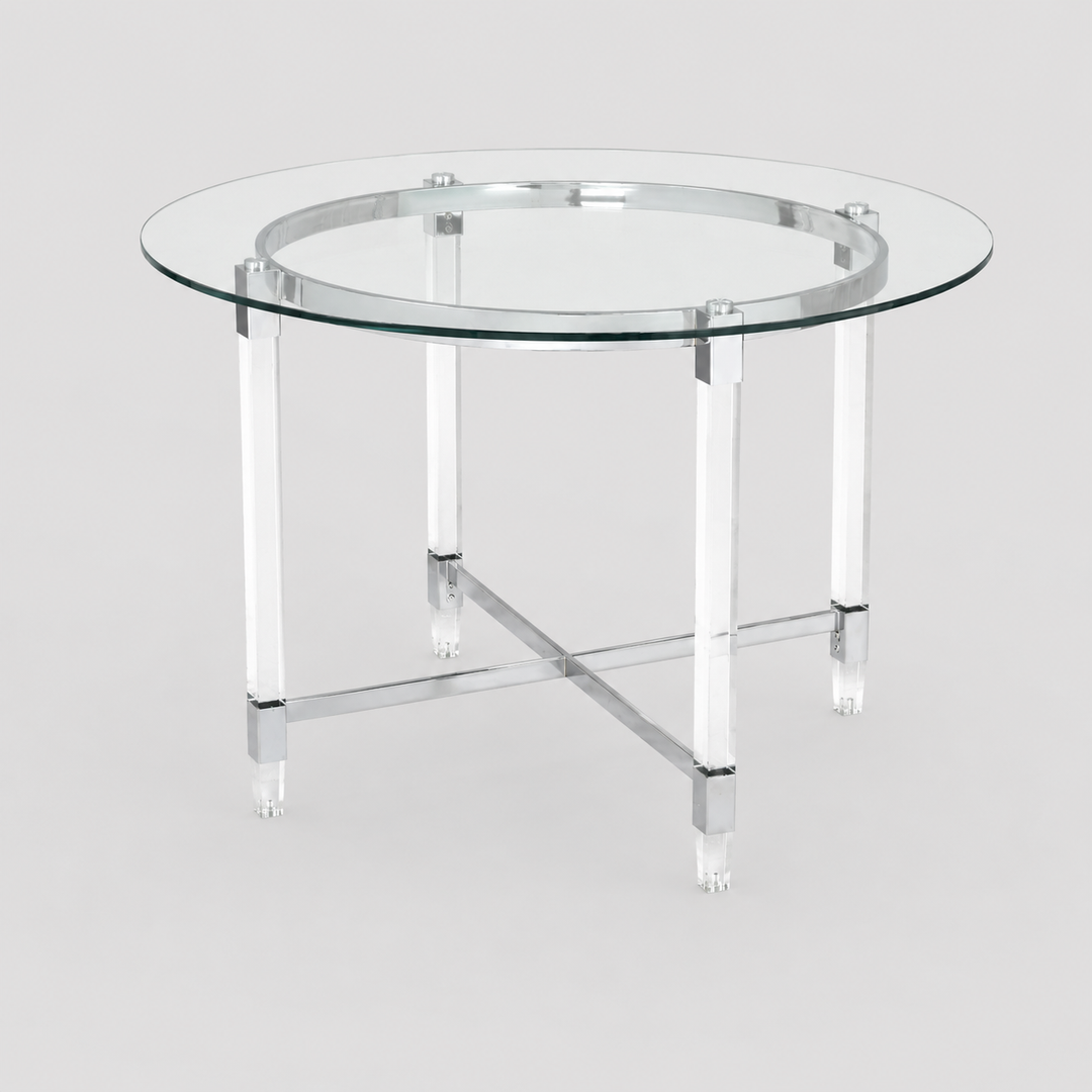 Ariston Modern Circular Glass Dining Table with Chrome Metal Frame & Acrylic Legs | Compact Contemporary Design