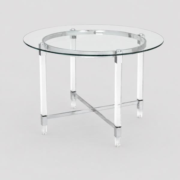 Ariston Modern Circular Glass Dining Table with Chrome Metal Frame & Acrylic Legs | Compact Contemporary Design