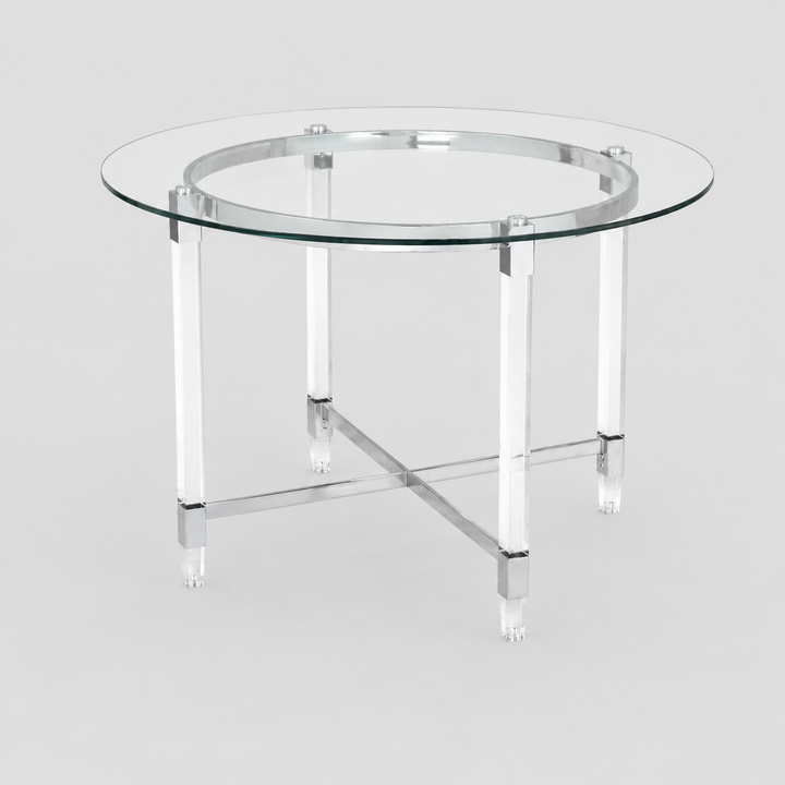 Ariston Modern Circular Glass Dining Table with Chrome Metal Frame & Acrylic Legs | Compact Contemporary Design