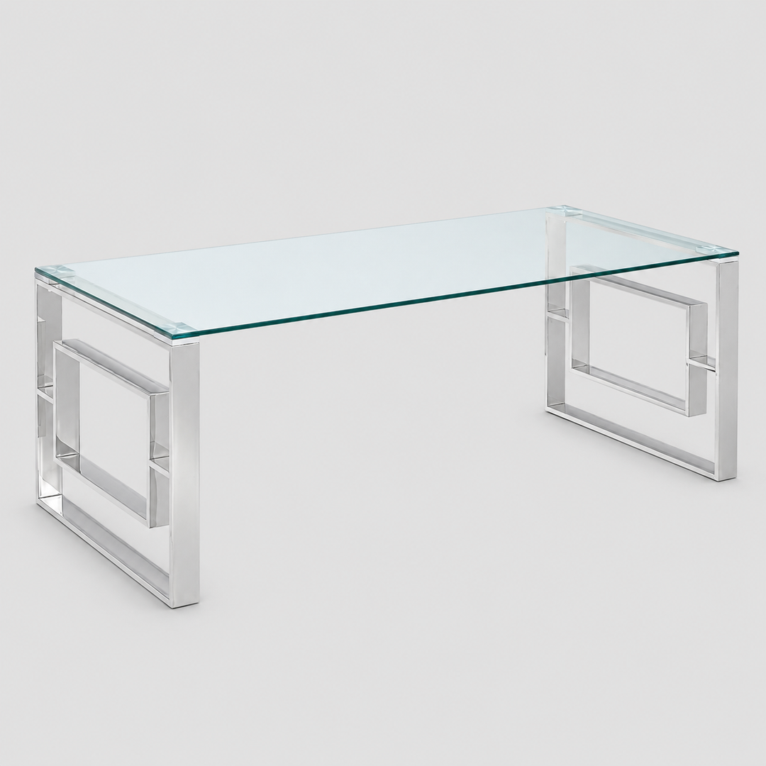 Virello Contemporary Coffee Table – 8mm Clear Tempered Glass Top with Geometric Lattice Stainless Steel Frame (Polished Silver Finish)