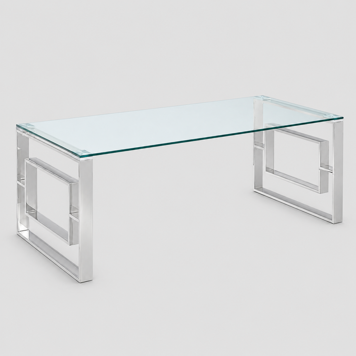 Virello Contemporary Coffee Table – 8mm Clear Tempered Glass Top with Geometric Lattice Stainless Steel Frame (Polished Silver Finish)
