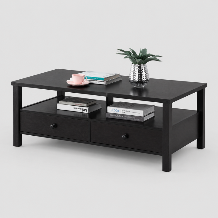 Virelix Coffee Table – Modern Espresso Finish Coffee Table with 2 Drawers and Open Storage Shelf