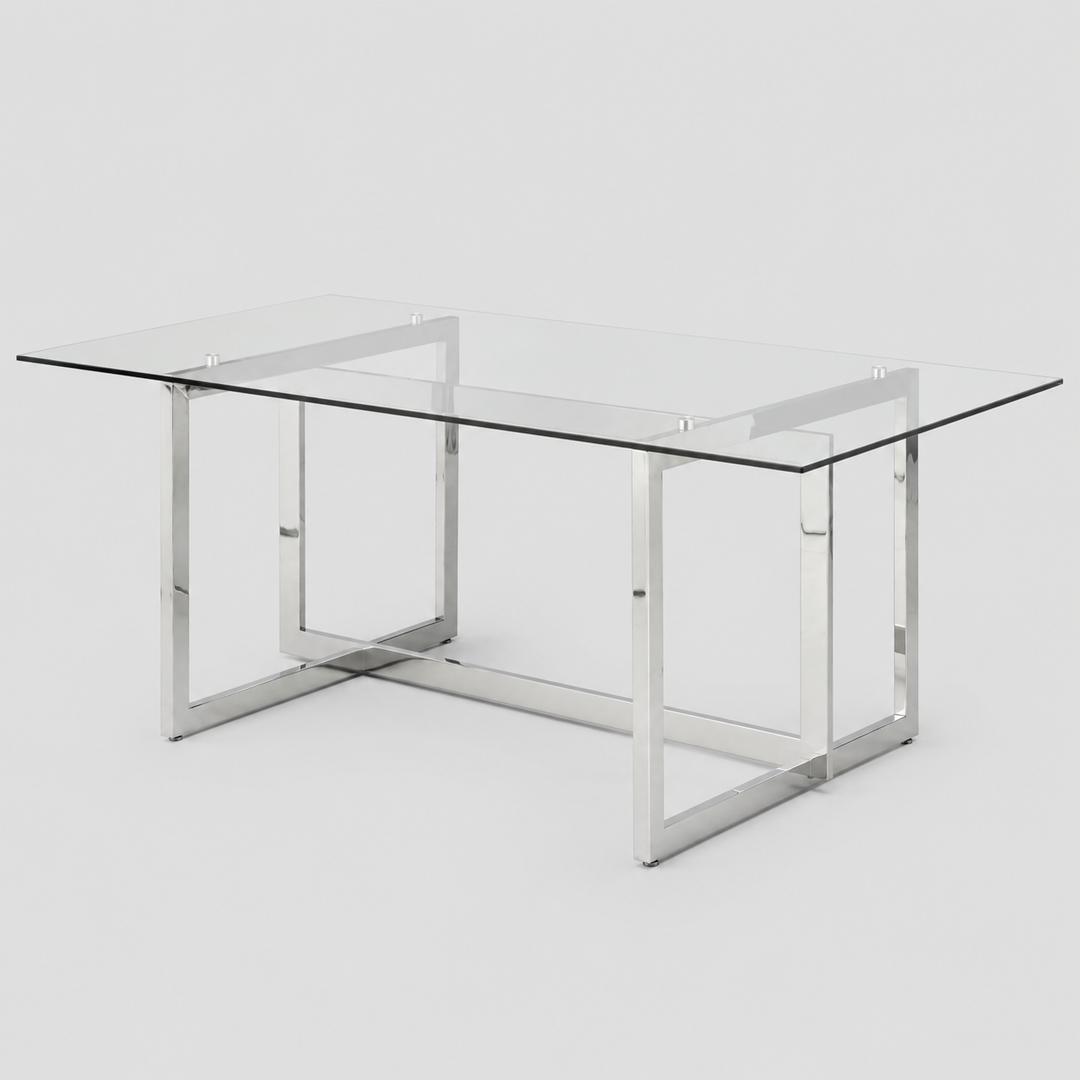 Virel Modern Luxury Glass Dining Table with Chrome Stainless Steel Frame | Contemporary Rectangular Design