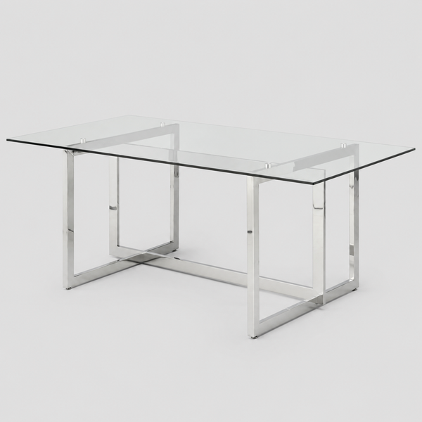 Virel Modern Luxury Glass Dining Table with Chrome Stainless Steel Frame | Contemporary Rectangular Design