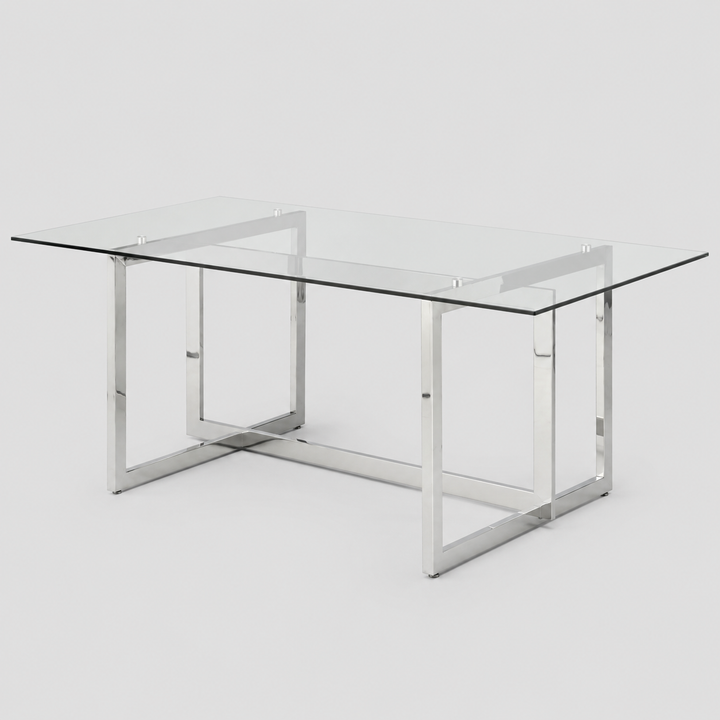 Virel Modern Luxury Glass Dining Table with Chrome Stainless Steel Frame | Contemporary Rectangular Design