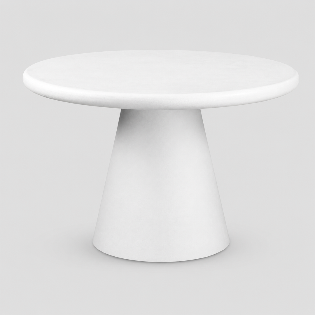 Kenvor Contemporary Round Dining Table – White Cement Finish Table with Thick Rounded Edge Top and Cone Pedestal Base Modern Dining Table