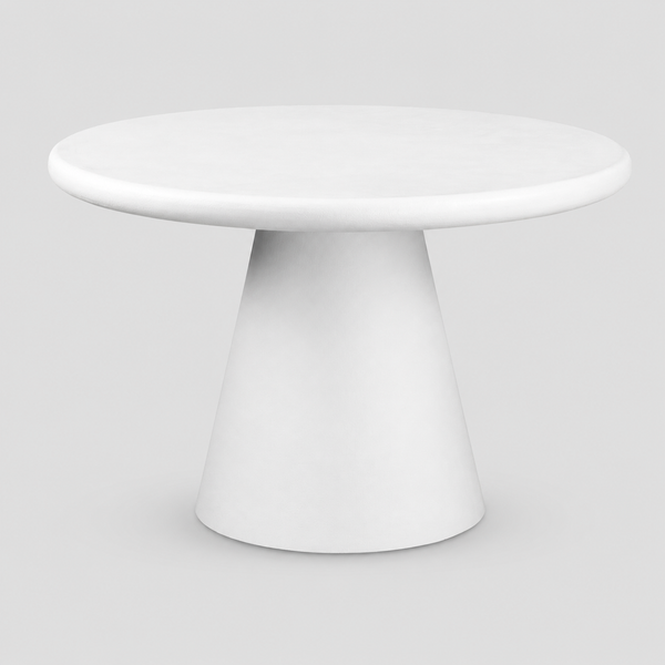 Kenvor Contemporary Round Dining Table – White Cement Finish Table with Thick Rounded Edge Top and Cone Pedestal Base Modern Dining Table