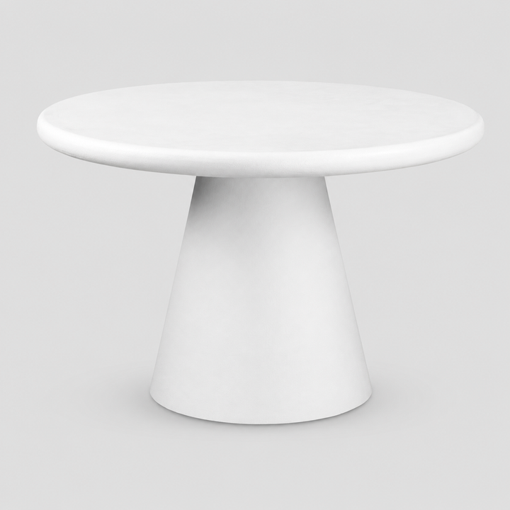 Kenvor Contemporary Round Dining Table – White Cement Finish Table with Thick Rounded Edge Top and Cone Pedestal Base Modern Dining Table
