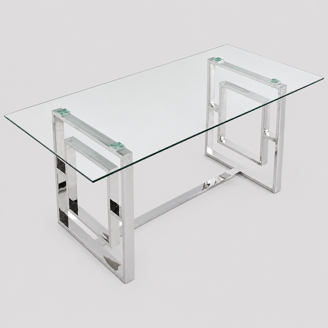 Kenvor Contemporary Glass Dining Table – 71" Rectangular 12mm Tempered Glass Top with Geometric Lattice Stainless Steel Frame and Polished Silver Finish Modern Dining Table