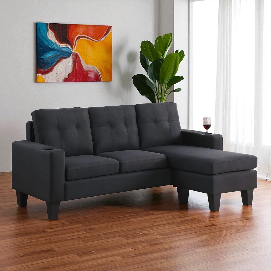 Nest Sectional Sofa in Fabric Upholstery With Reversible Chaise - Black | Contemporary, Long-Lasting & Comfortable