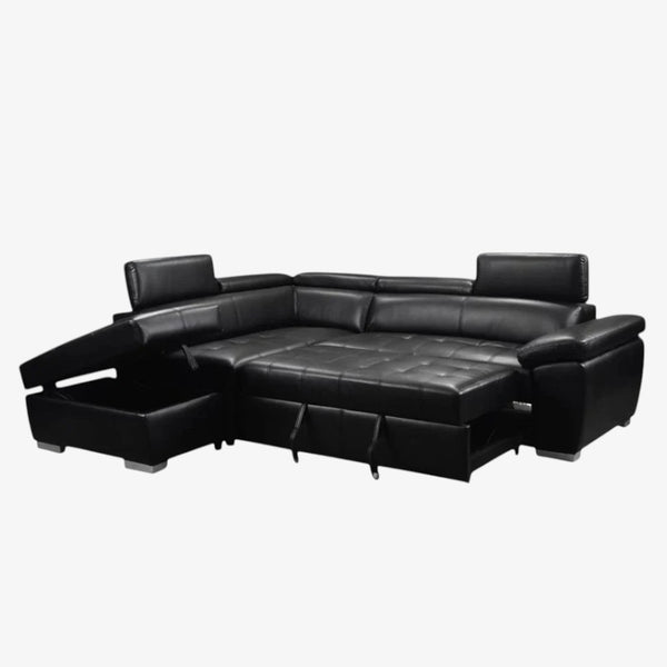 Vibe Leathaire Upholstered Sectional Sofa Bed - Black | Modern, Comfortable, Storage Solution & Built to Last