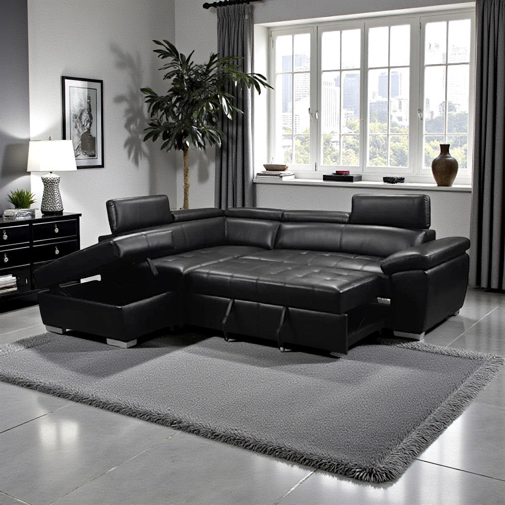 Vibe Leathaire Upholstered Sectional Sofa Bed - Black | Modern, Comfortable, Storage Solution & Built to Last