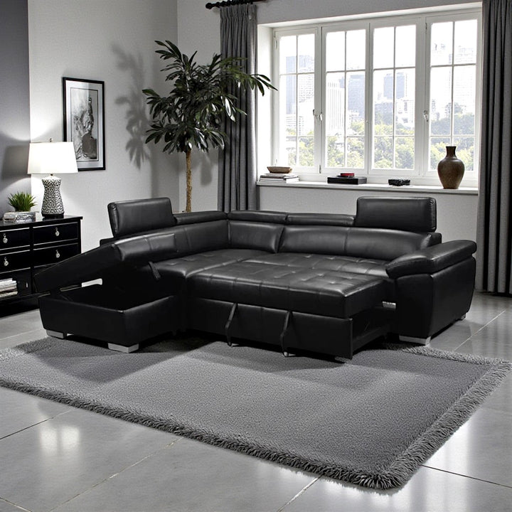 Vibe Leathaire Upholstered Sectional Sofa Bed - Black | Modern, Comfortable, Storage Solution & Built to Last