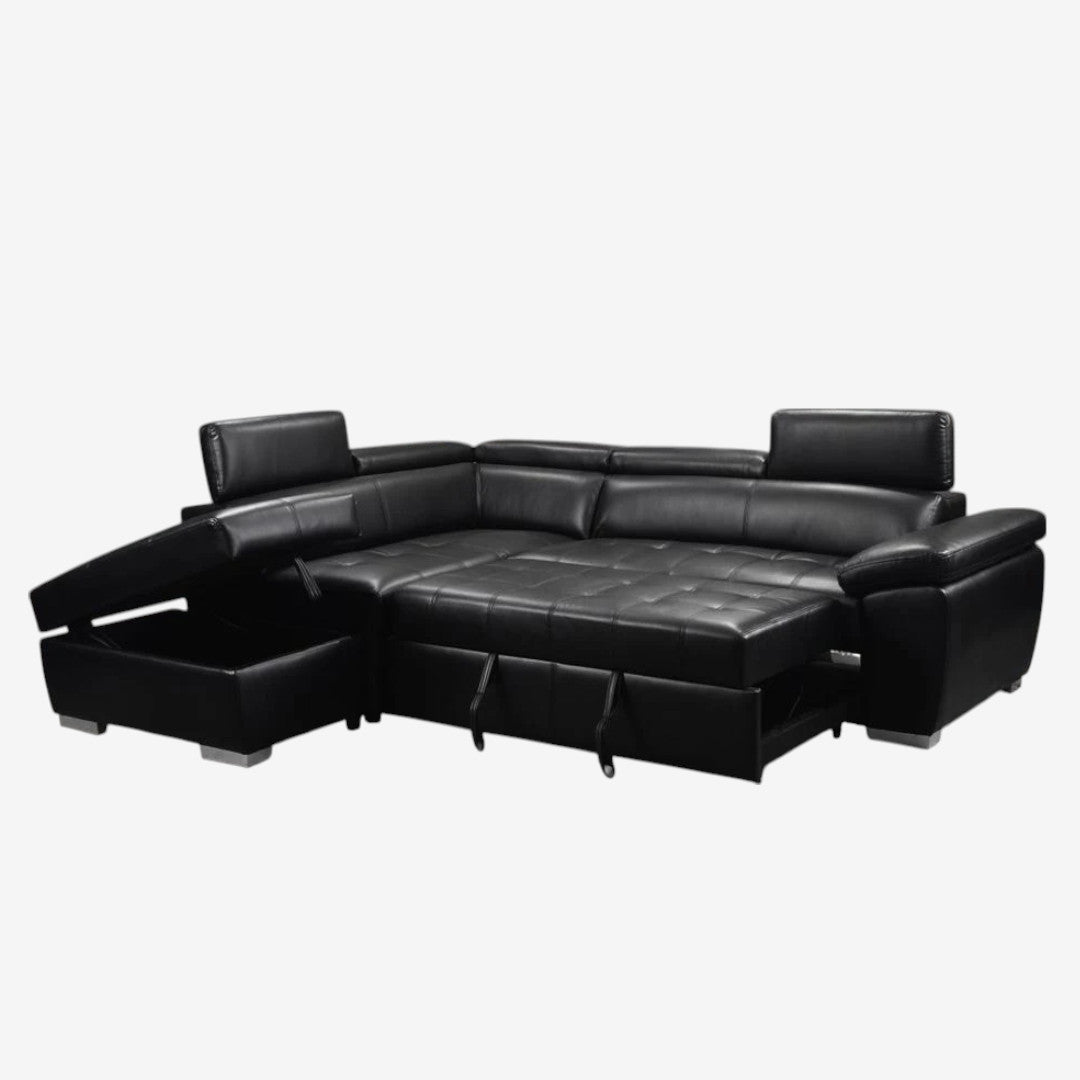 Vertex 4-Piece Air-Leather Upholstered Sectional Sofa Bed - Black | Available In LHF & RHF Configuration