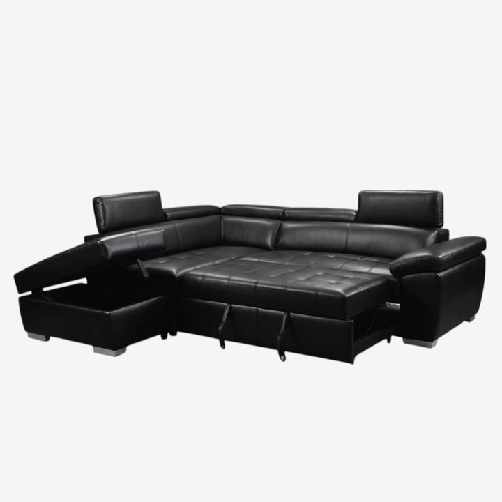 Vertex 4-Piece Air-Leather Upholstered Sectional Sofa Bed - Black | Available In LHF & RHF Configuration