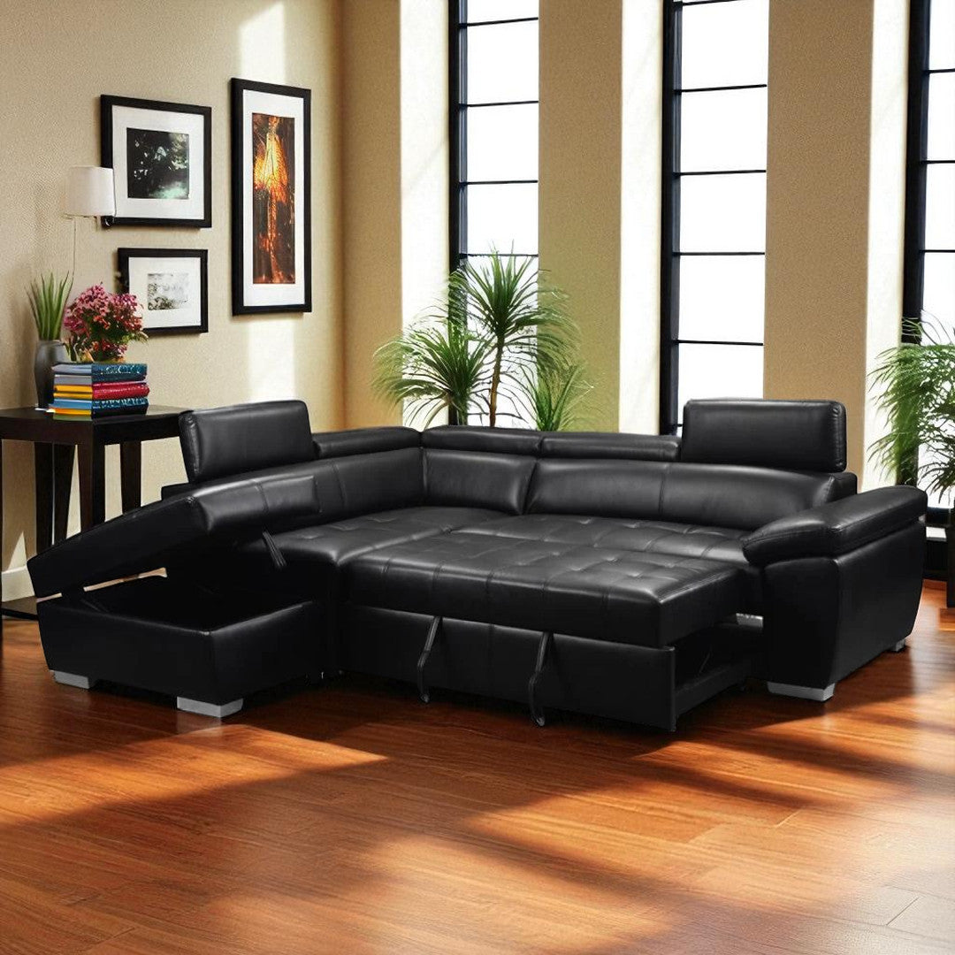 Vertex 4-Piece Air-Leather Upholstered Sectional Sofa Bed - Black | Available In LHF & RHF Configuration