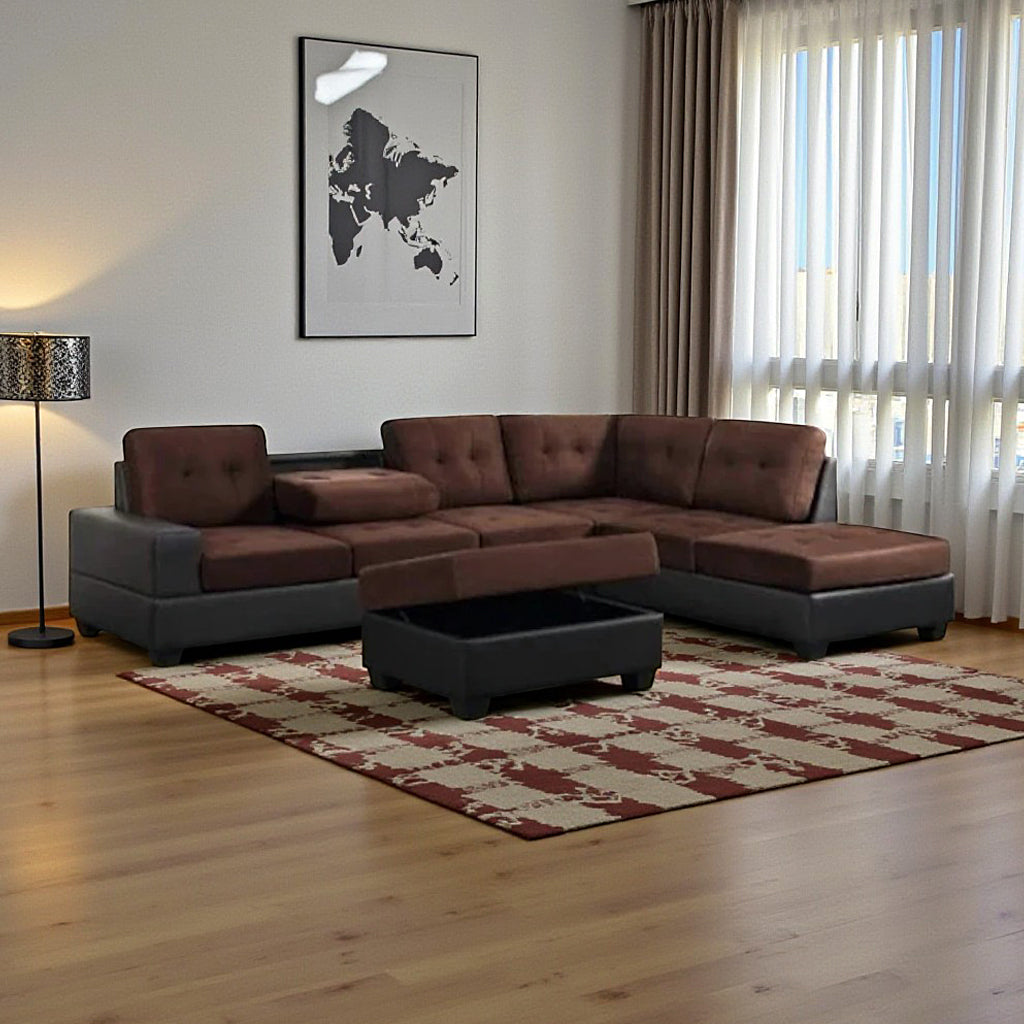 Bliss Fabric/ PU Upholstered Sectional Sofa - Brown/ Black | Modern, Durable, Reversible & Comfortable