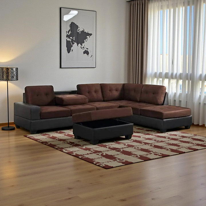 Bliss Fabric/ PU Upholstered Sectional Sofa - Brown/ Black | Modern, Durable, Reversible & Comfortable