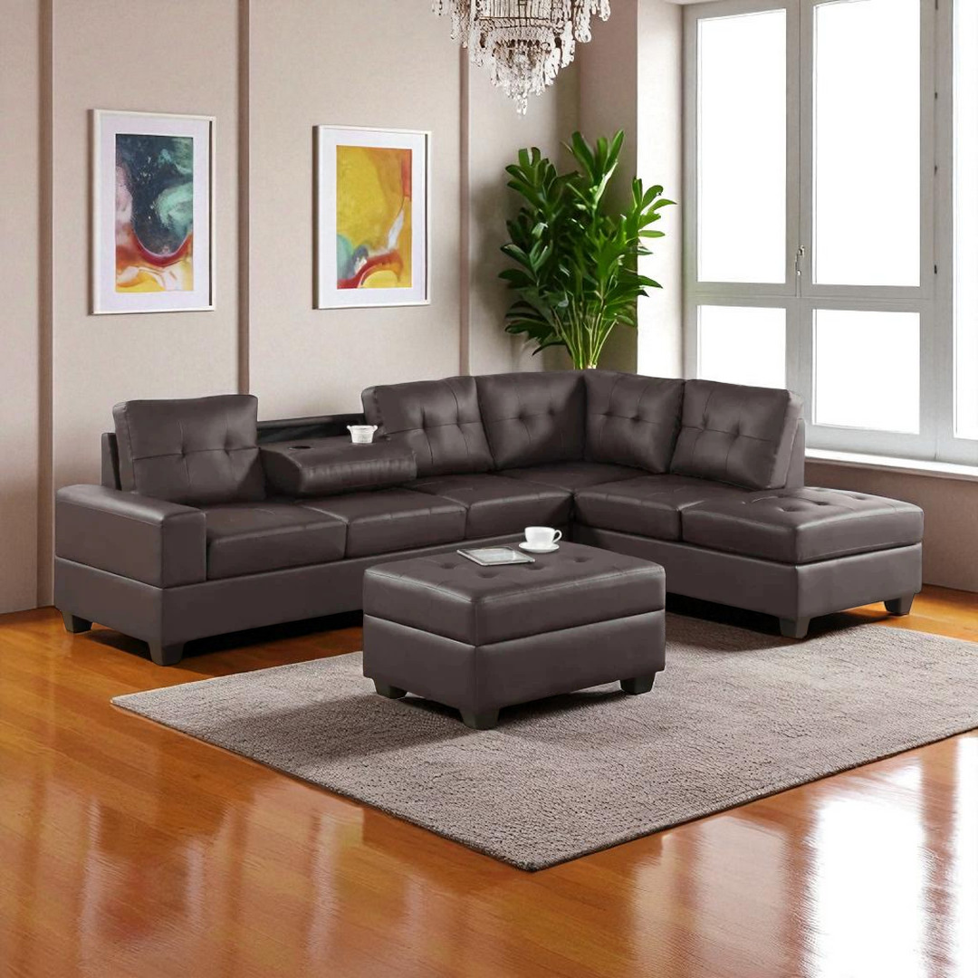 Moonwave Leather Upholstered Sectional Sofa With Reversible Chaise - Dark Brown | Timeless, Sleek & Comfortable