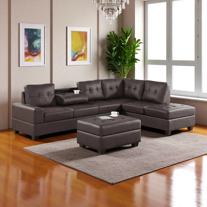 Moonwave Leather Upholstered Sectional Sofa With Reversible Chaise - Dark Brown | Timeless, Sleek & Comfortable