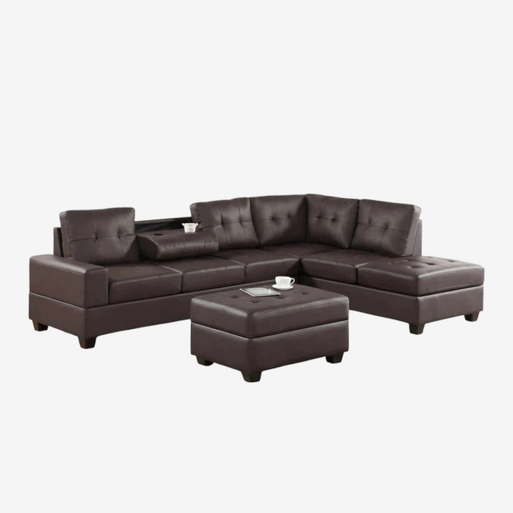 Moonwave Leather Upholstered Sectional Sofa With Reversible Chaise - Dark Brown | Timeless, Sleek & Comfortable