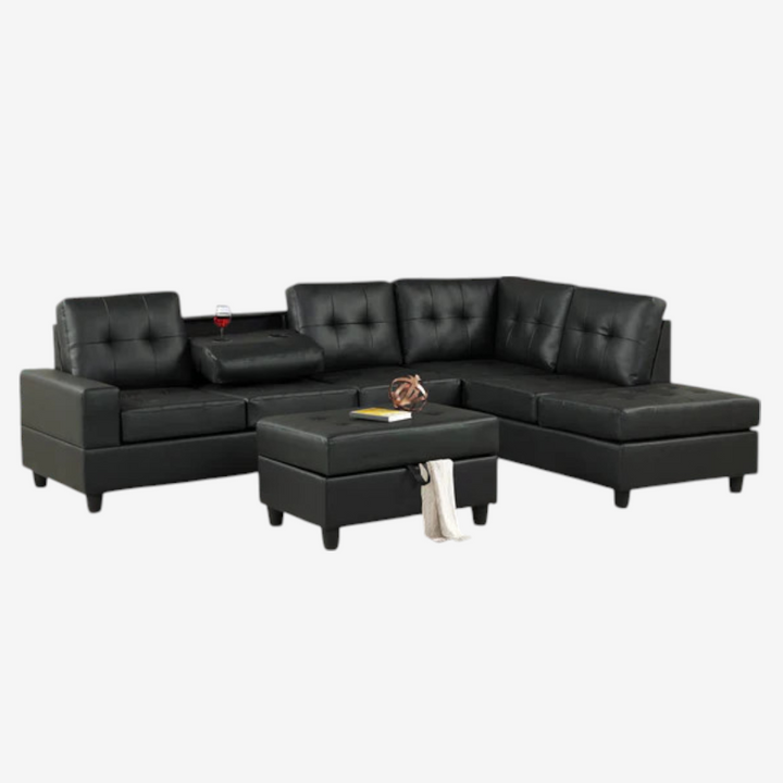 Moonwave Leather Upholstered Sectional Sofa With Reversible Chaise - Black | Timeless, Stylish & Comfortable