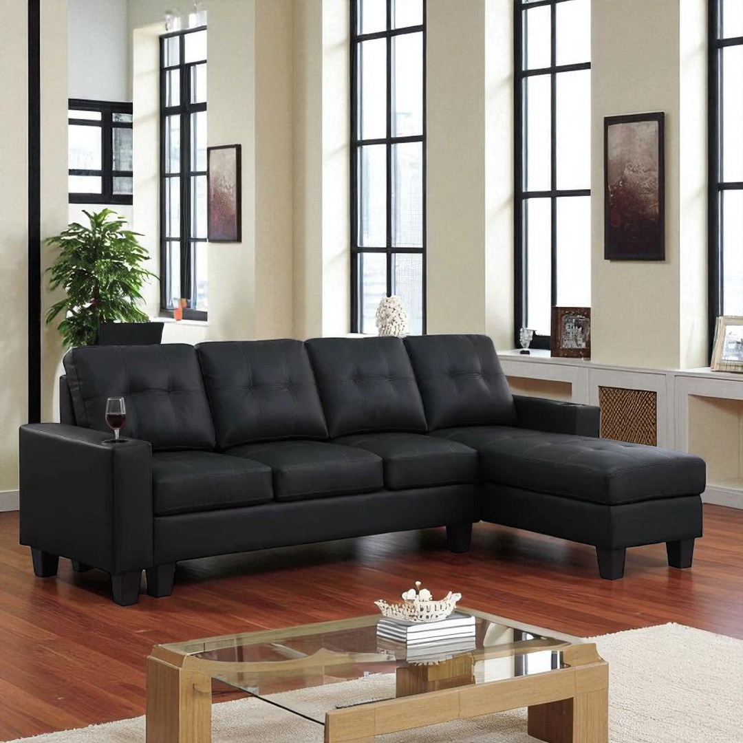 Coral Sectional Sofa in PU Upholstery With Reversible Chaise & Cup Holders - Black