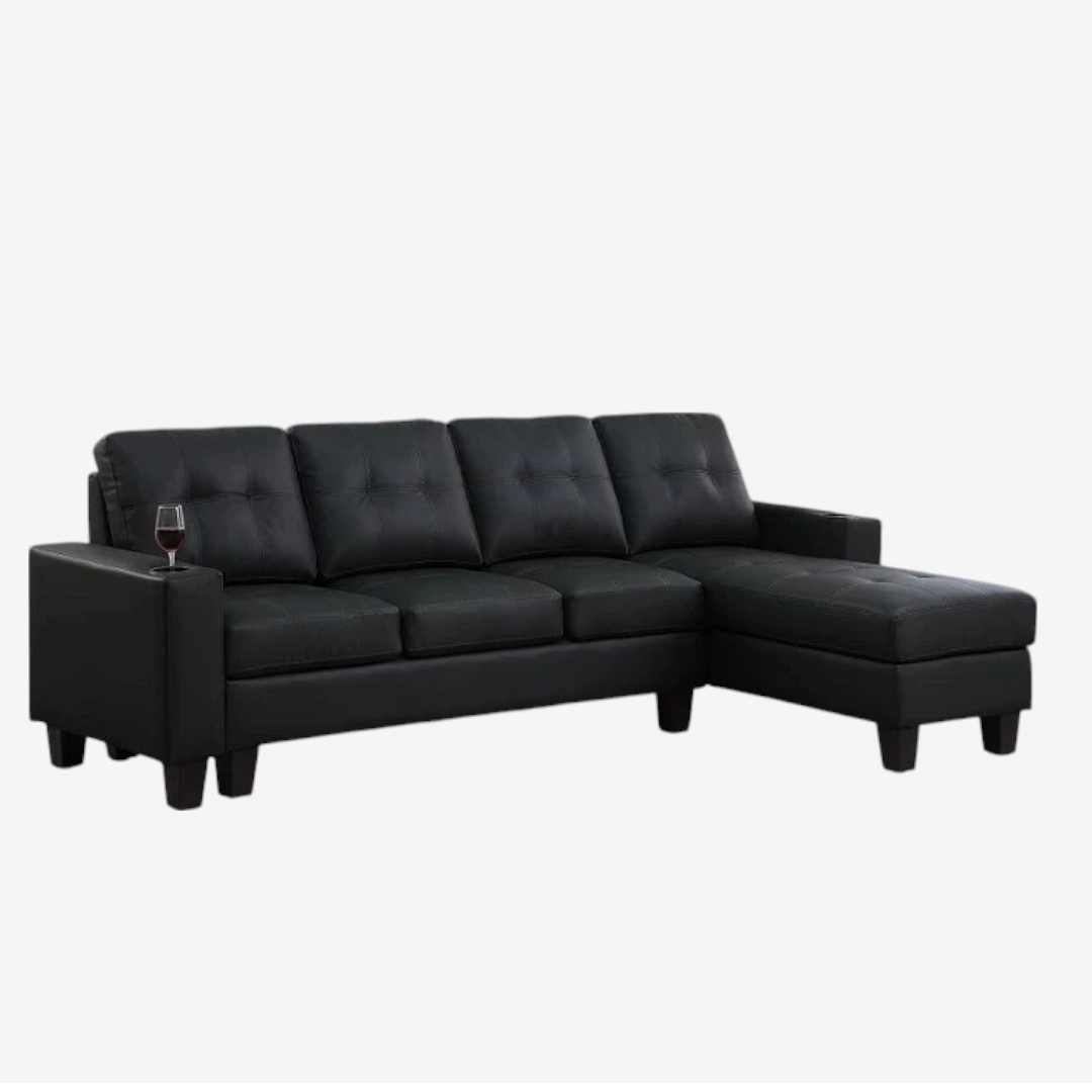 Coral Sectional Sofa in PU Upholstery With Reversible Chaise & Cup Holders - Black