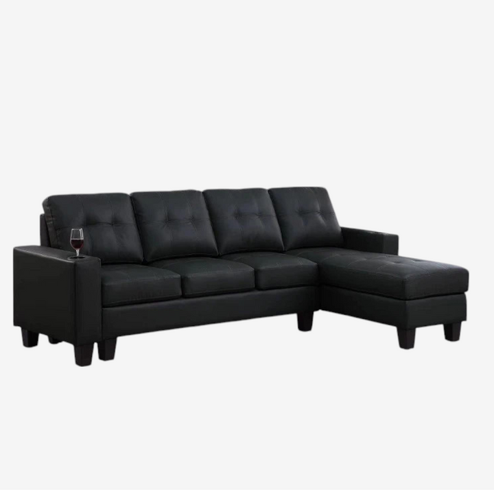 Coral Sectional Sofa in PU Upholstery With Reversible Chaise & Cup Holders - Black