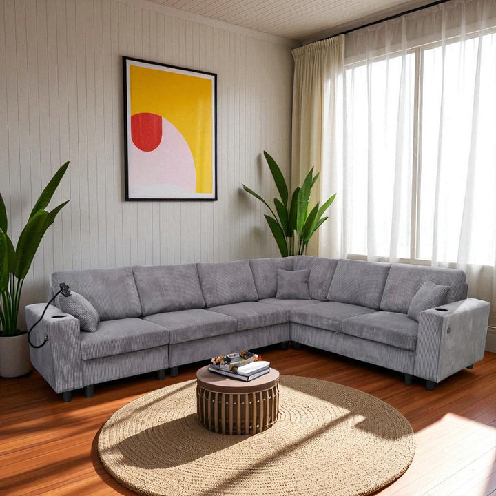 Prime 4-Piece Fabric Sectional Sofa with Cell Phone Holder & USB Charging Ports - Grey