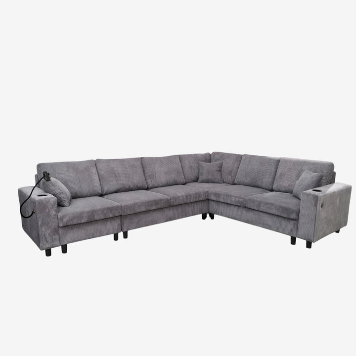 Prime 4-Piece Fabric Sectional Sofa with Cell Phone Holder & USB Charging Ports - Grey