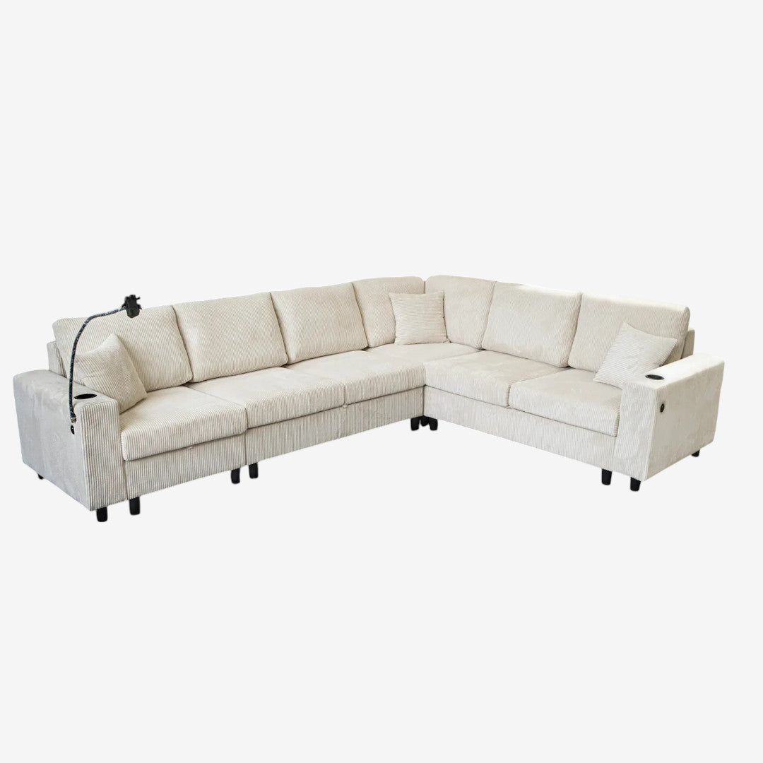 Prime 4-Piece Fabric Sectional Sofa with Cell Phone Holder & USB Charging Ports - Beige