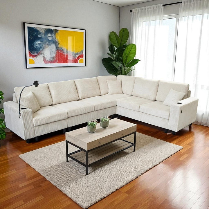 Prime 4-Piece Fabric Sectional Sofa with Cell Phone Holder & USB Charging Ports - Beige