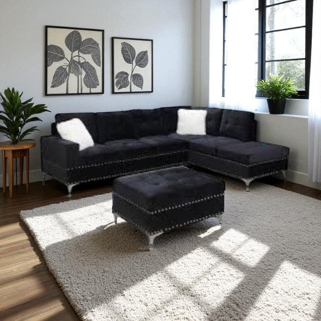 Icon Fabric Upholstered Sectional Sofa With Storage Ottoman - Black | Stylish, Sturdy, Comfortable & Affordable