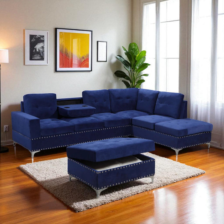 Icon Fabric Upholstered Sectional Sofa With Storage Ottoman - Blue | Stylish, Sturdy, Comfortable & Affordable