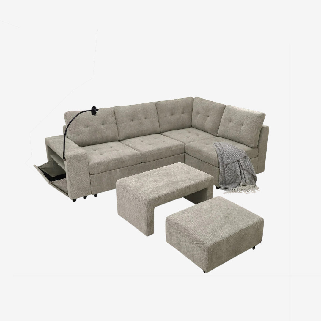 Ethra Fabric Upholstered Sectional Sofa With Ottoman & Nesting Bench - Beige | Modern, Durable & Comfortable