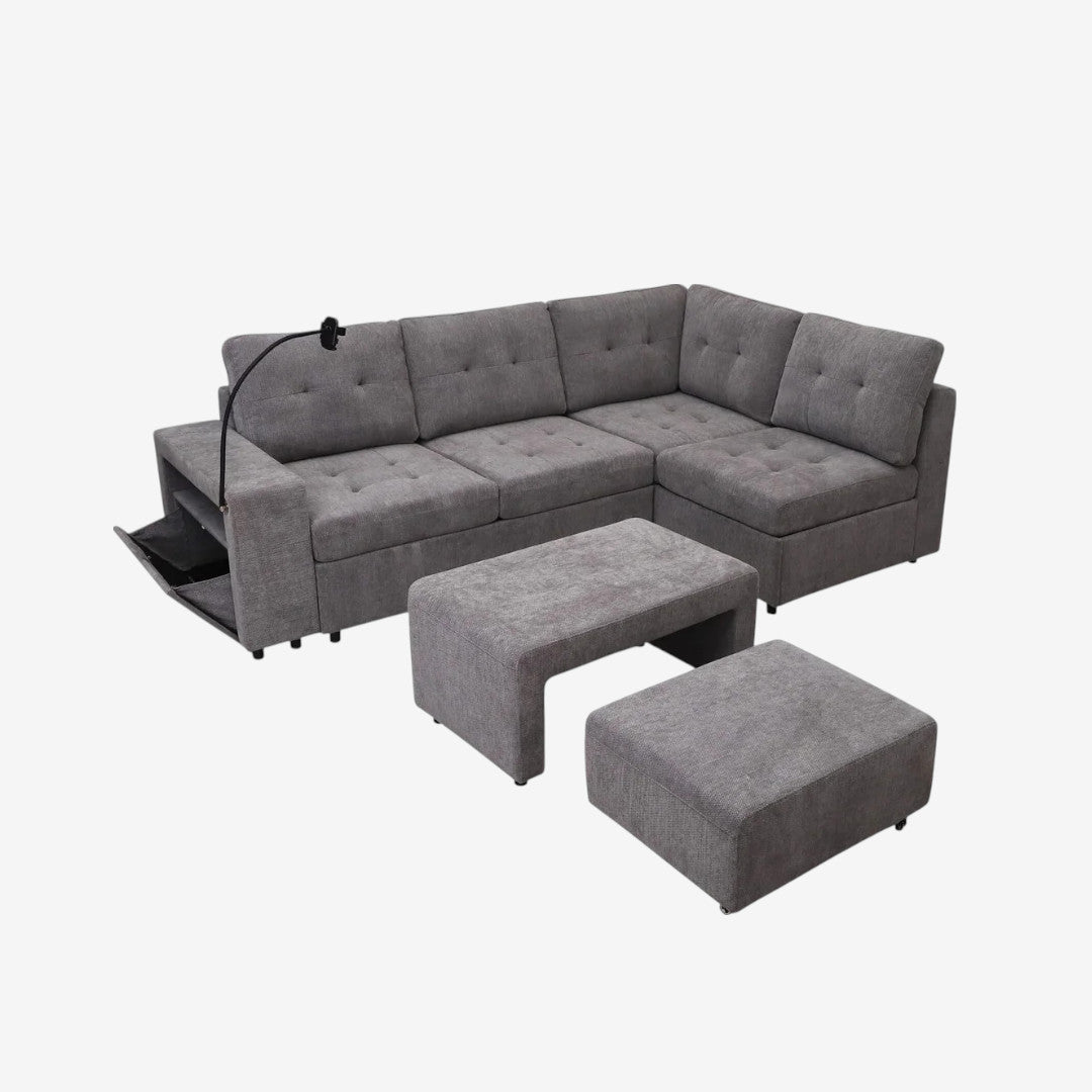 Ethra Fabric Upholstered Sectional Sofa With Ottoman & Nesting Bench - Grey | Modern, Durable & Comfortable