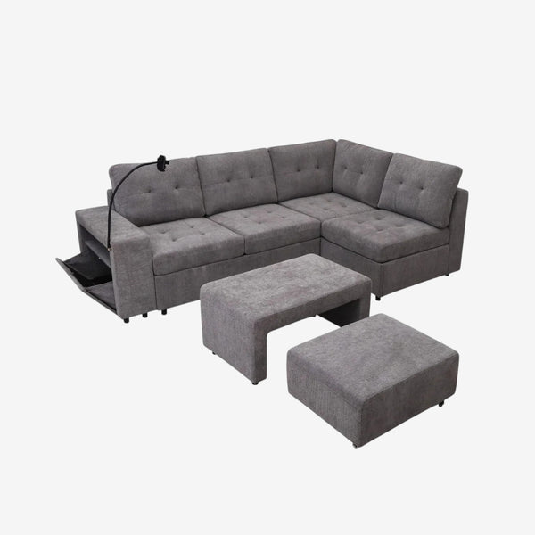 Ethra Fabric Upholstered Sectional Sofa With Ottoman & Nesting Bench - Grey | Modern, Durable & Comfortable