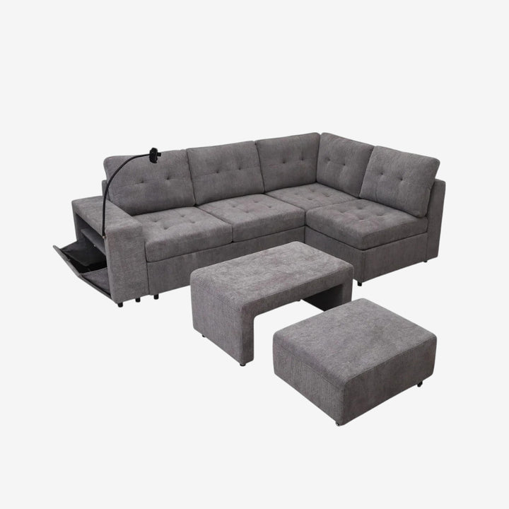 Ethra Fabric Upholstered Sectional Sofa With Ottoman & Nesting Bench - Grey | Modern, Durable & Comfortable